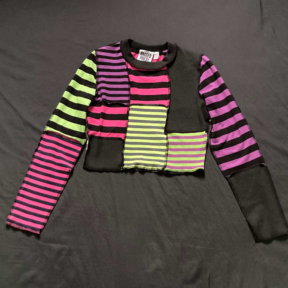 The Ragged Priest Patchwork Striped Long Sleeve Crop Pink Purple Green Size S